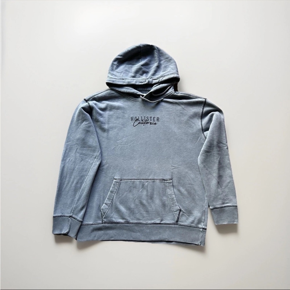 Hollister Men's Washed Blue/Grey Pullover Sweatshirt Hoodie Medium